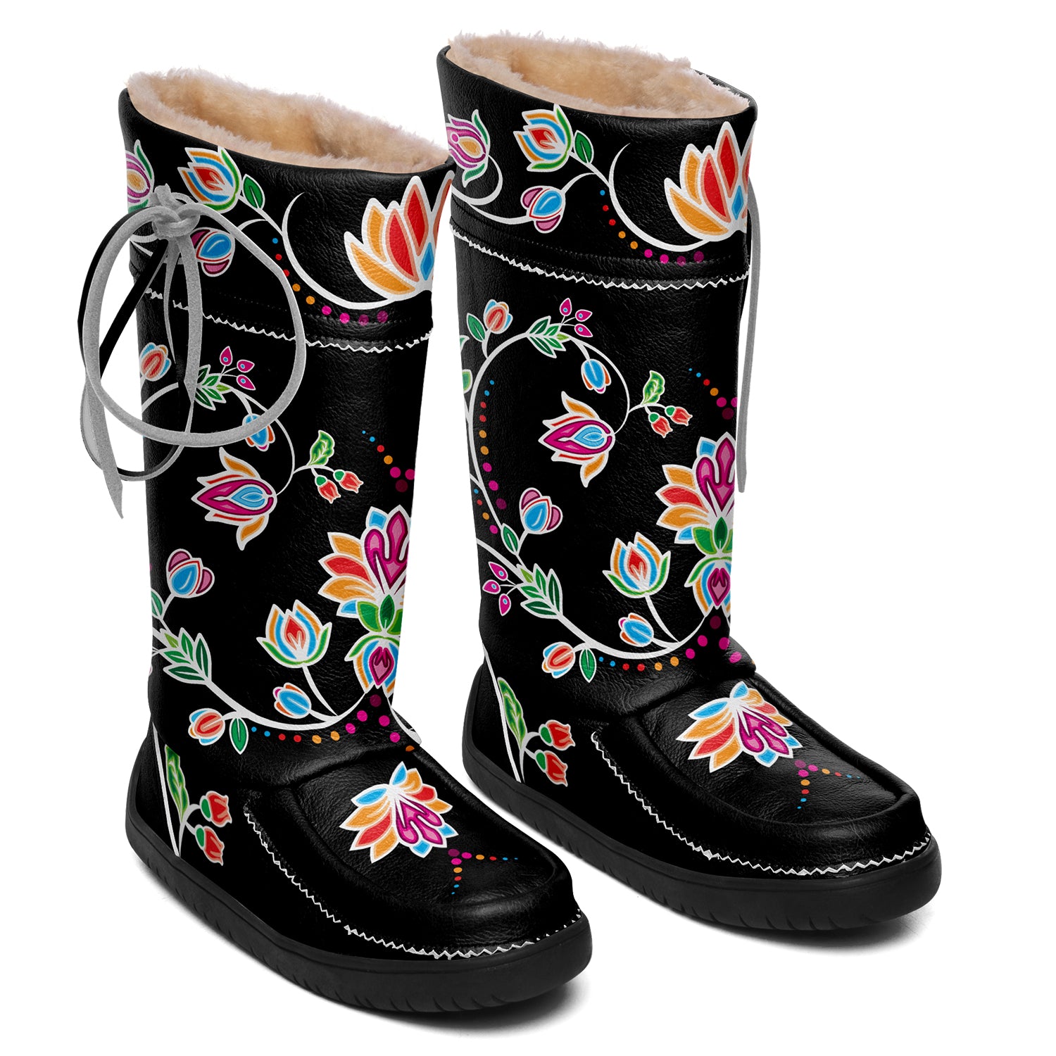 Floral Maskwa White Leather MocLux Short Style with Fur