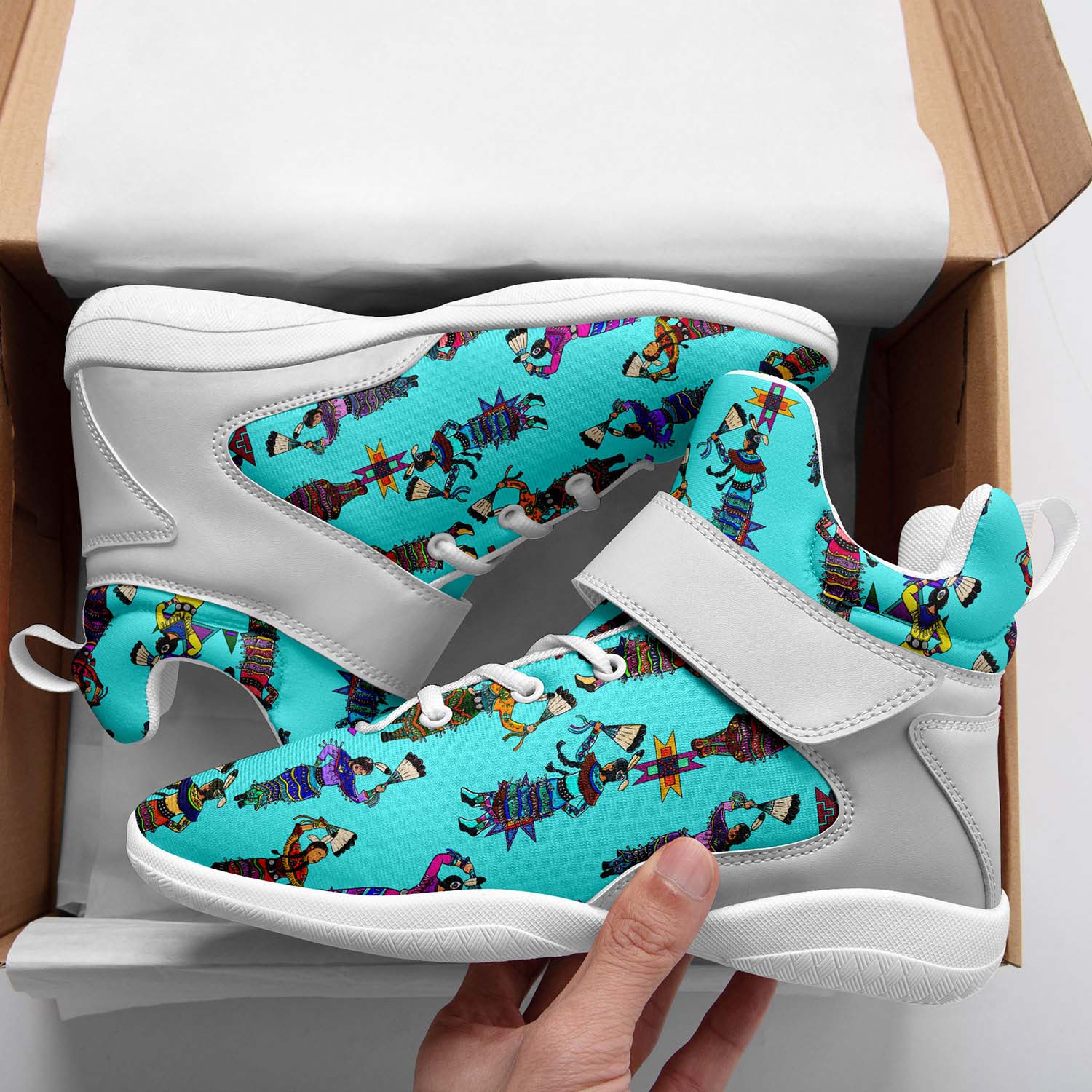 Women's Jingle Dancers Turquoise Ipottaa Basketball / Sport High Top Shoes - White Sole