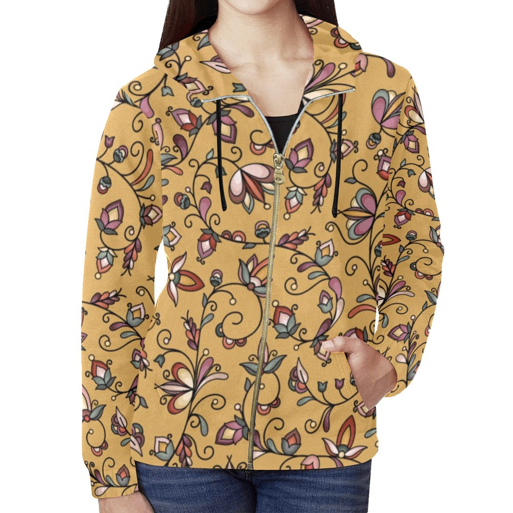 Burnt Sky Petals Gold Full Zip Hoodie for Women