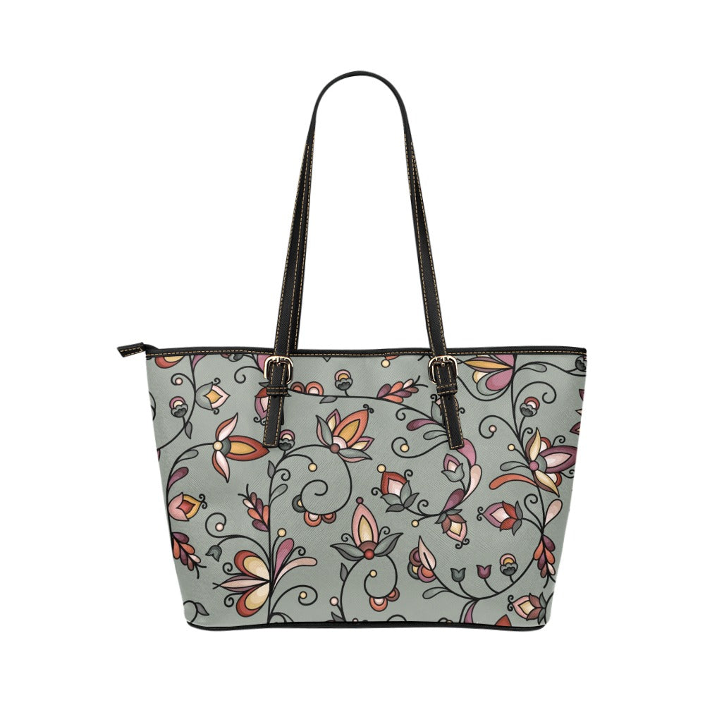 Burnt Sky Petals Green Leather Tote Bag/Large