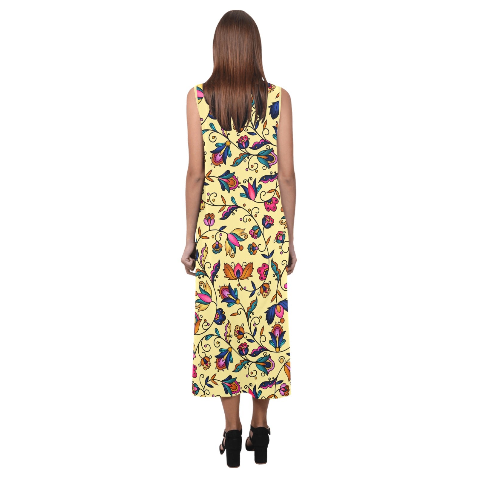 Copper Prairie Petals Yellow Phaedra Sleeveless Open Fork Long Dress