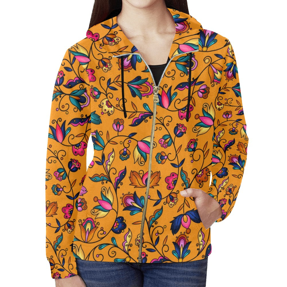 Copper Prairie Petals Orange Full Zip Hoodie for Women