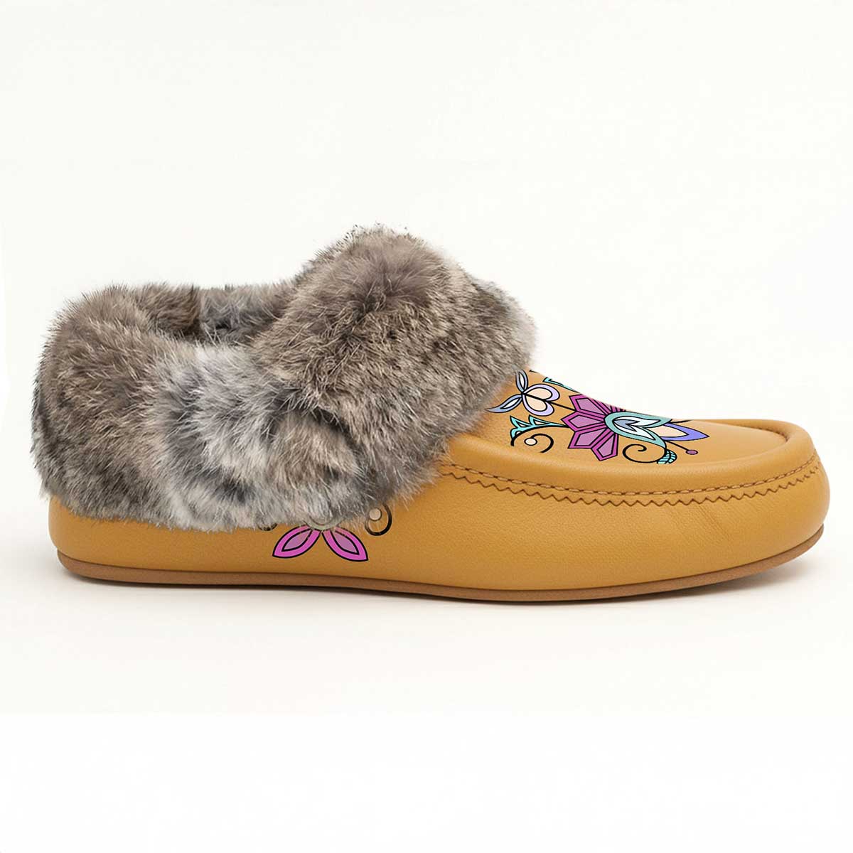 Moonlit Frost Tan Leather Mottled Fur Moccasin