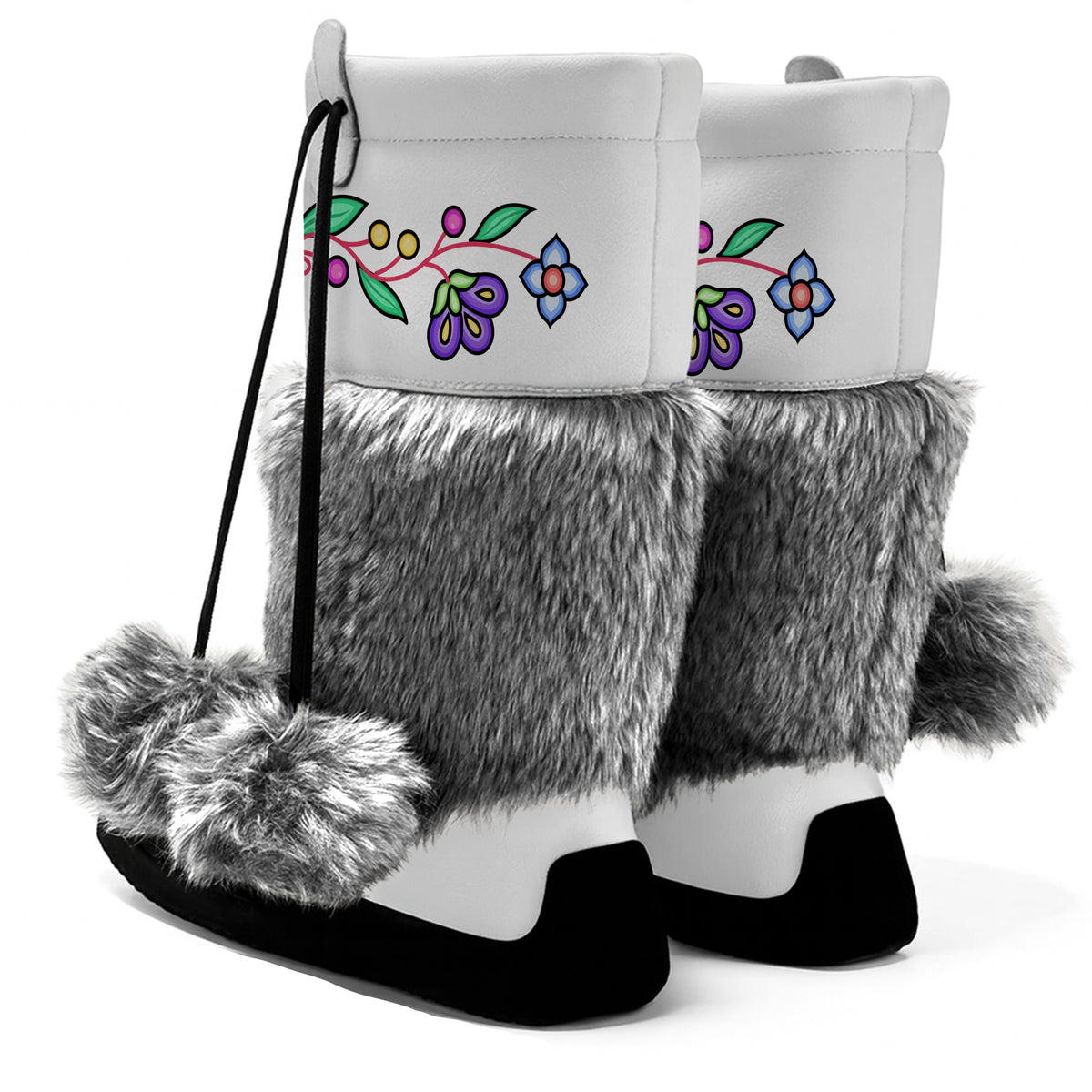 Bear Floral White Real Leather MocLux Calf with Grey Fur