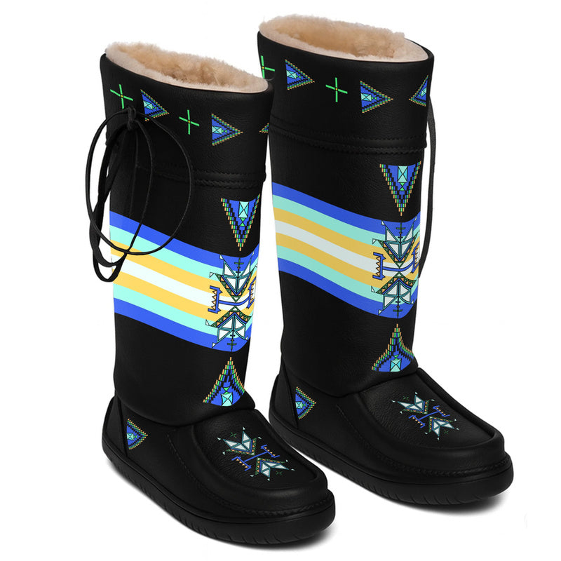 Eagle Strike black MocLux mukluks, pair at an angle, blue, yellow and cream stripe print