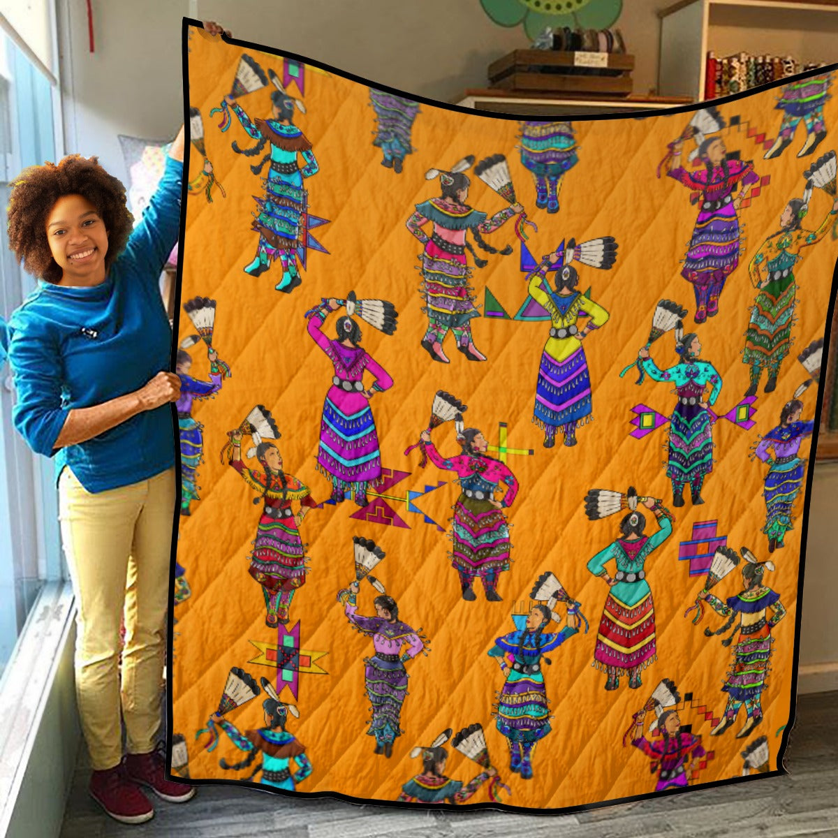 Women's Jingle Dancers Orange Lightweight & Breathable Quilt With Edge-wrapping Strips