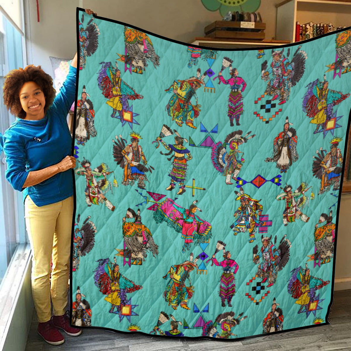 Grand Entry Dancers Eggshell Blue Lightweight & Breathable Quilt With Edge-wrapping Strips