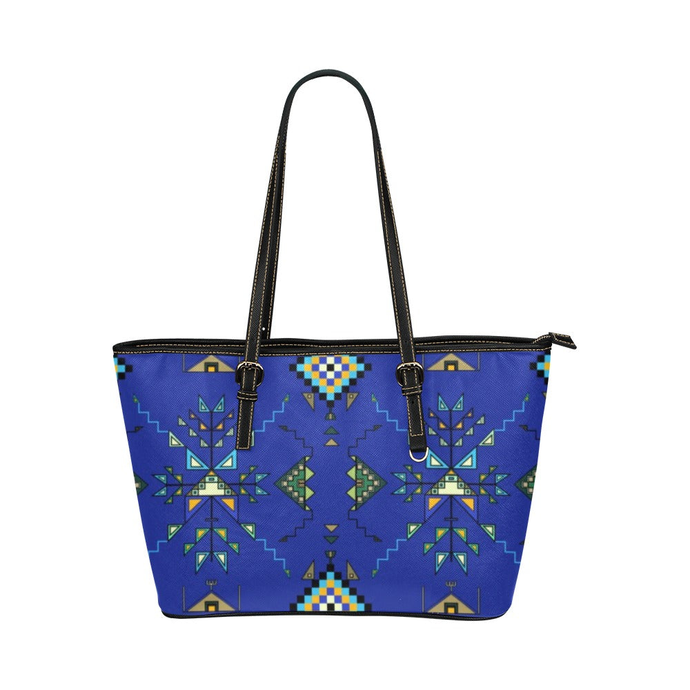 Bear Shield Dark Blue Leather Tote Bag/Large