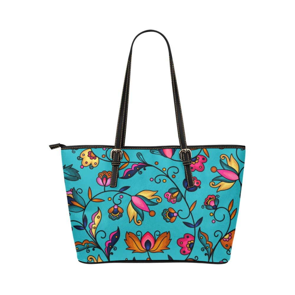 Copper Prairie Petals Turquoise Leather Tote Bag/Large