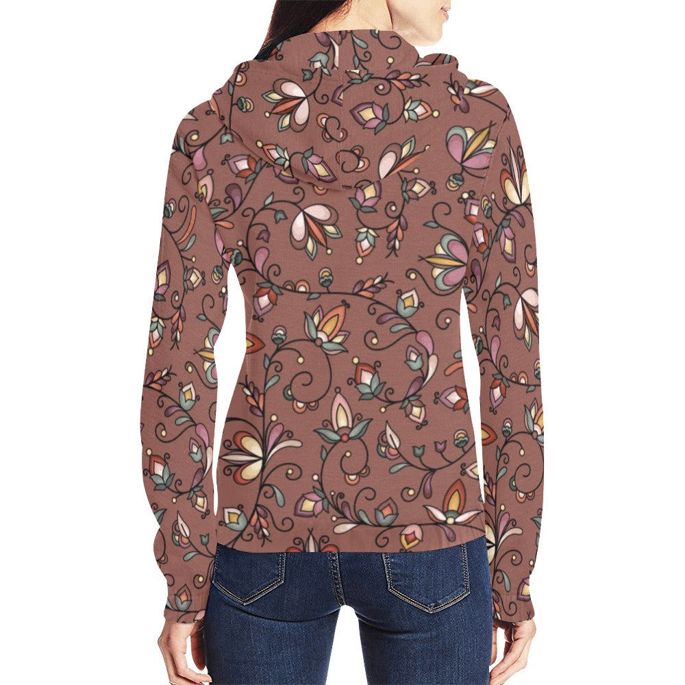 Burnt Sky Petals Brown Full Zip Hoodie for Women