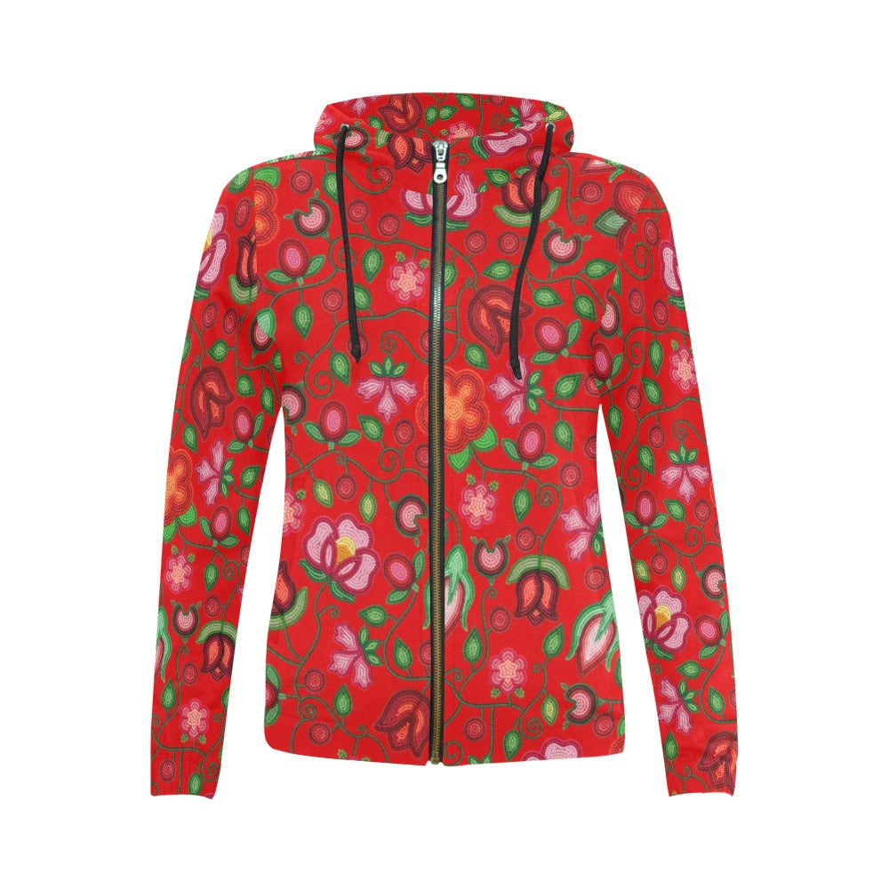 Rose Reverie Red Full Zip Hoodie for Women