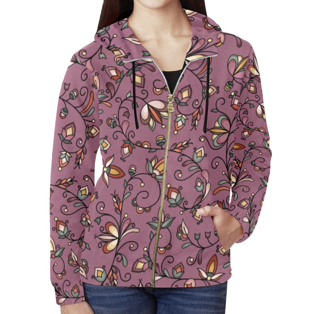 Burnt Sky Petals Magenta Full Zip Hoodie for Women