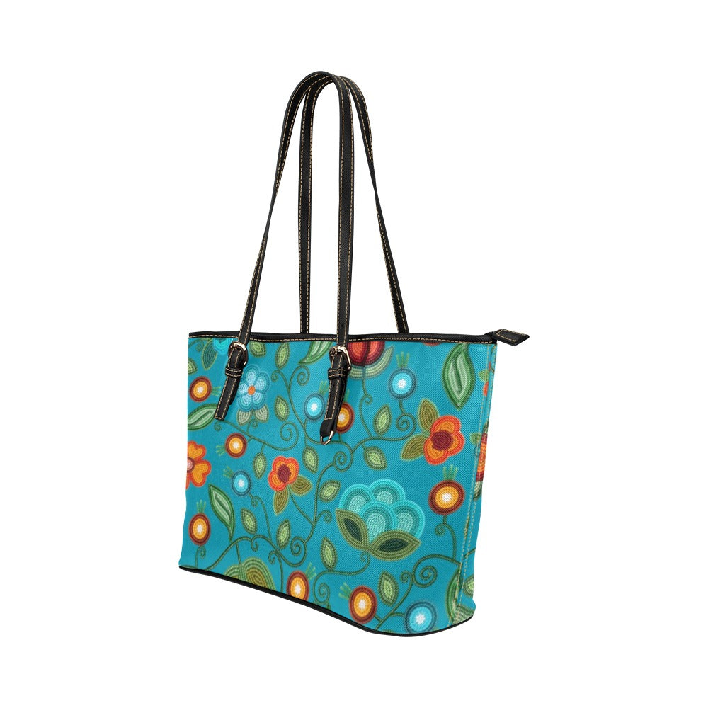 Prairie Fire Petals Ocean Leather Tote Bag/Large
