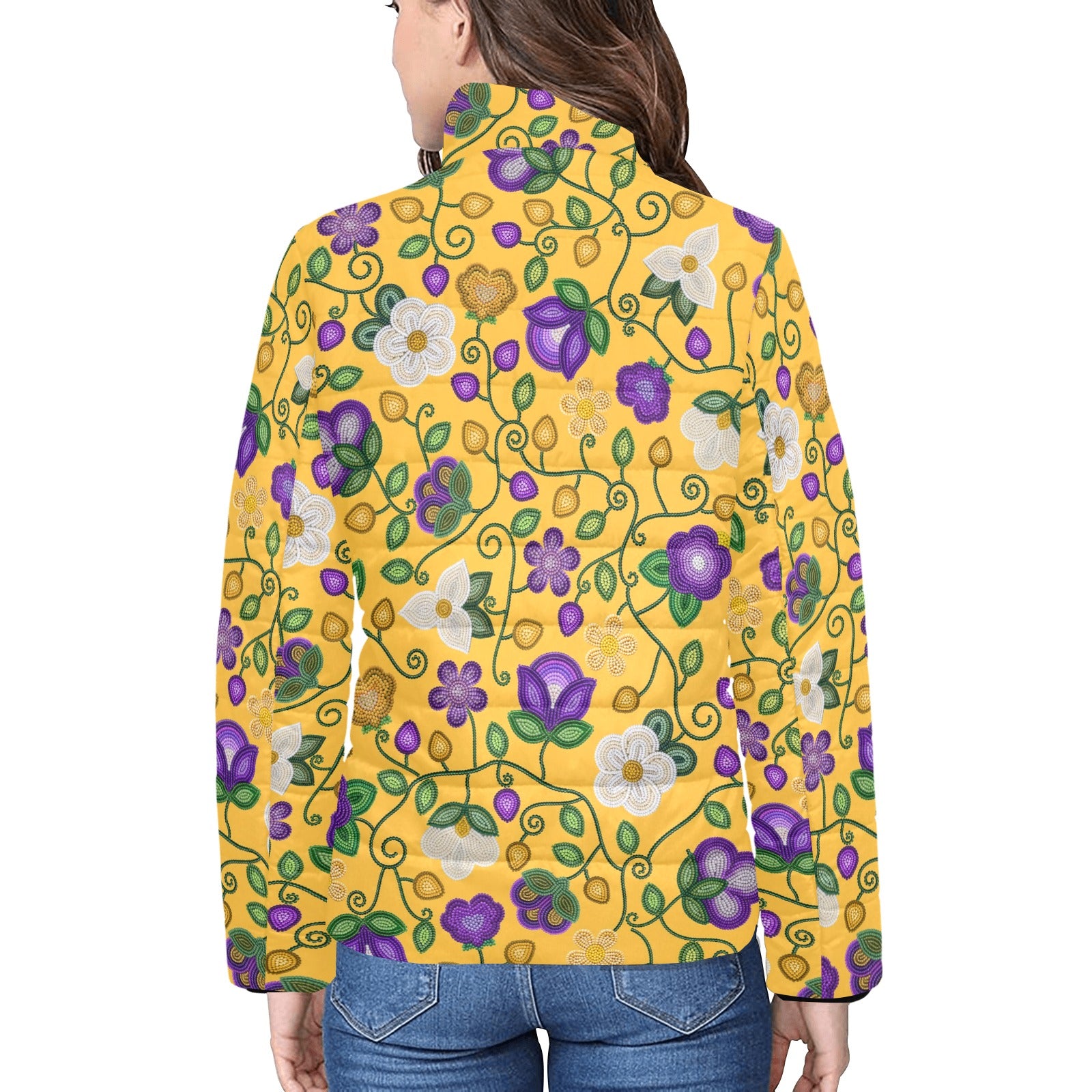 Midnight Moss Bloom Yellow Women's Stand Collar Padded Jacket