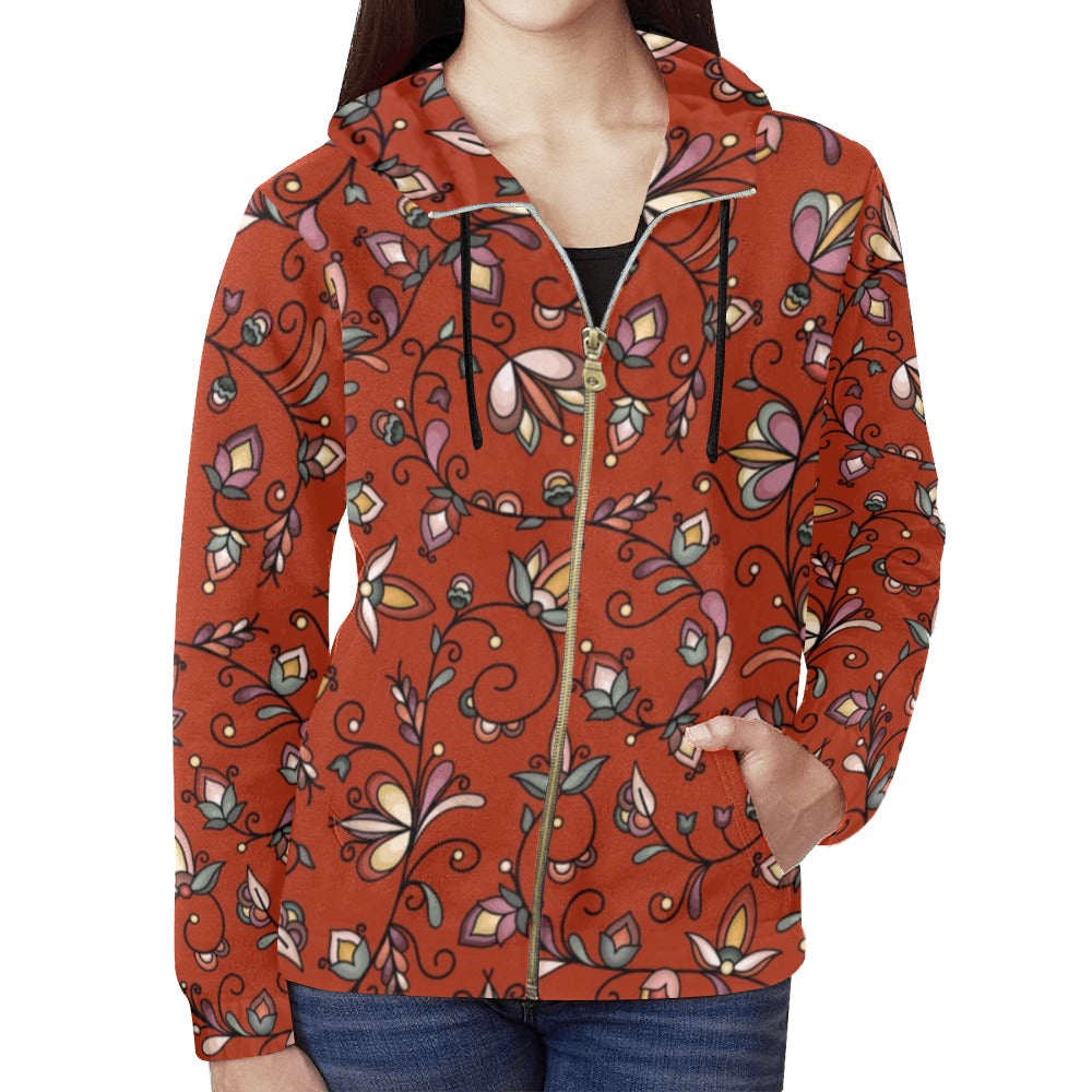 Burnt Sky Petals Red Full Zip Hoodie for Women