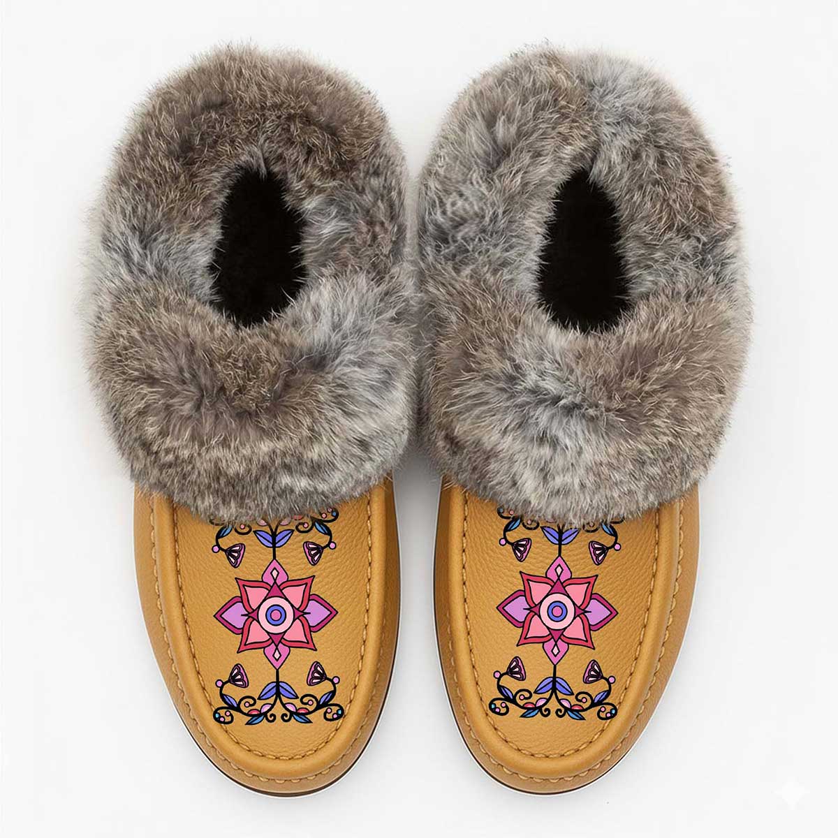 Frost Flower Circle Tan Leather Mottled Fur Moccasin