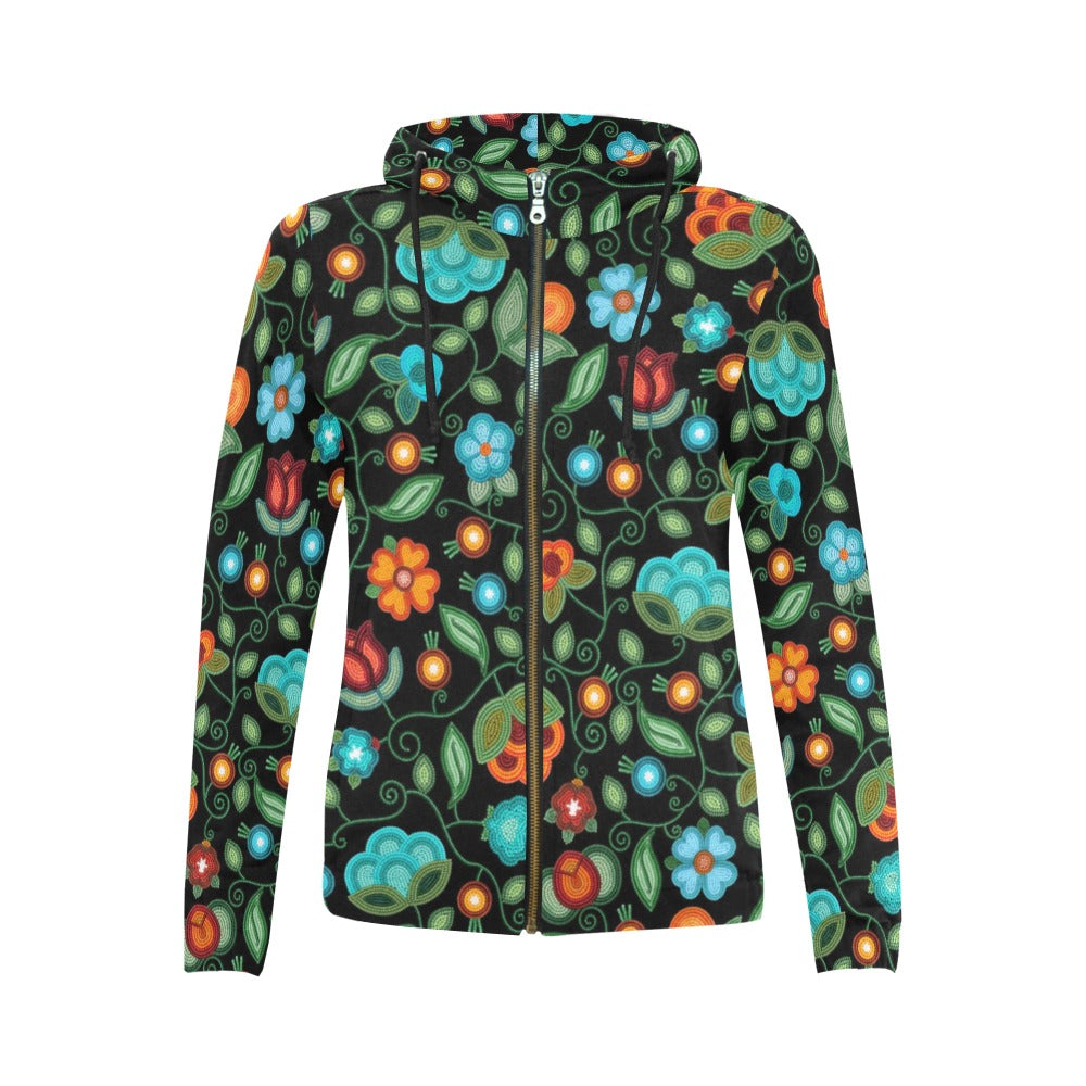 Prairie Fire Petals Black Full Zip Hoodie for Women