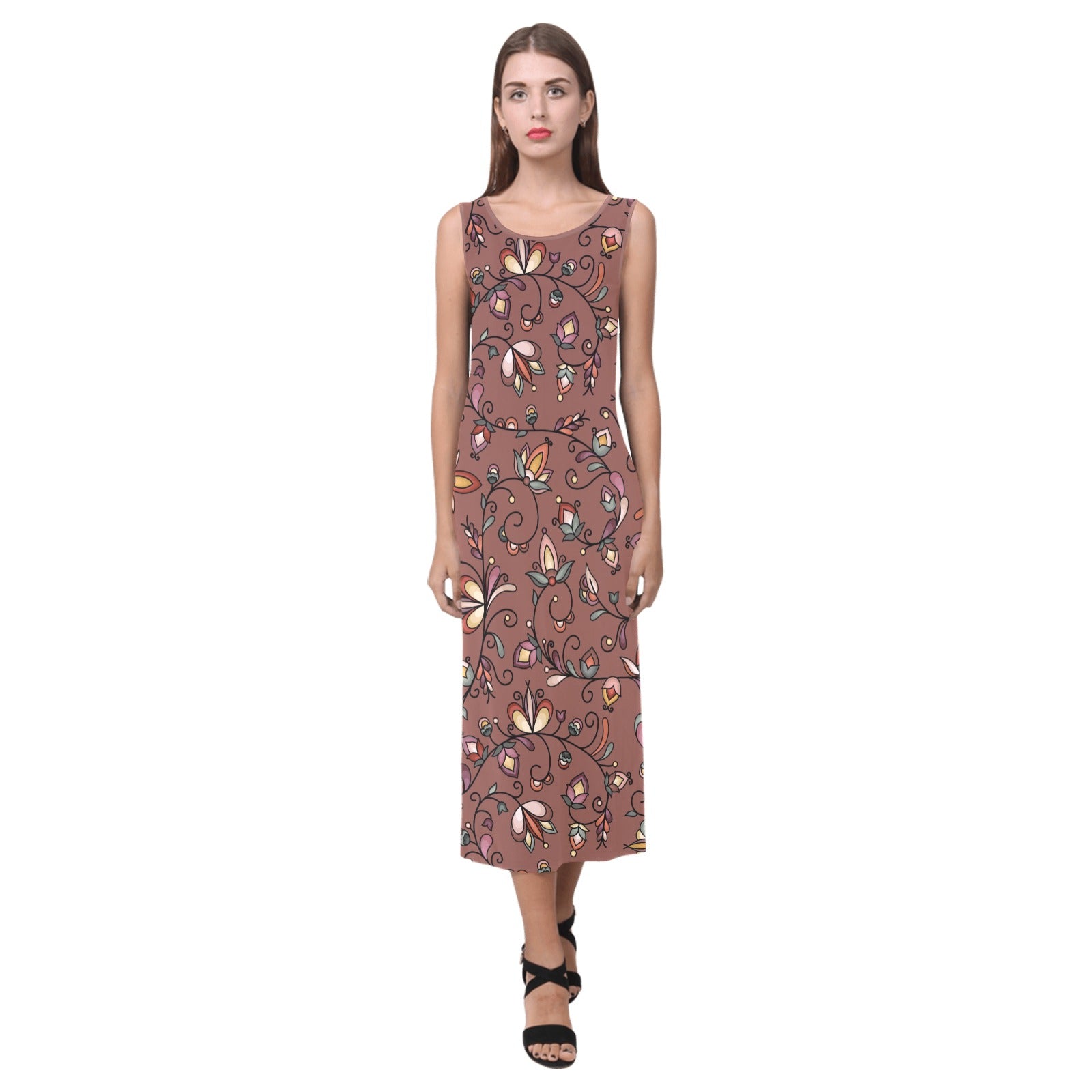 Burnt Sky Petals Brown Phaedra Sleeveless Open Fork Long Dress