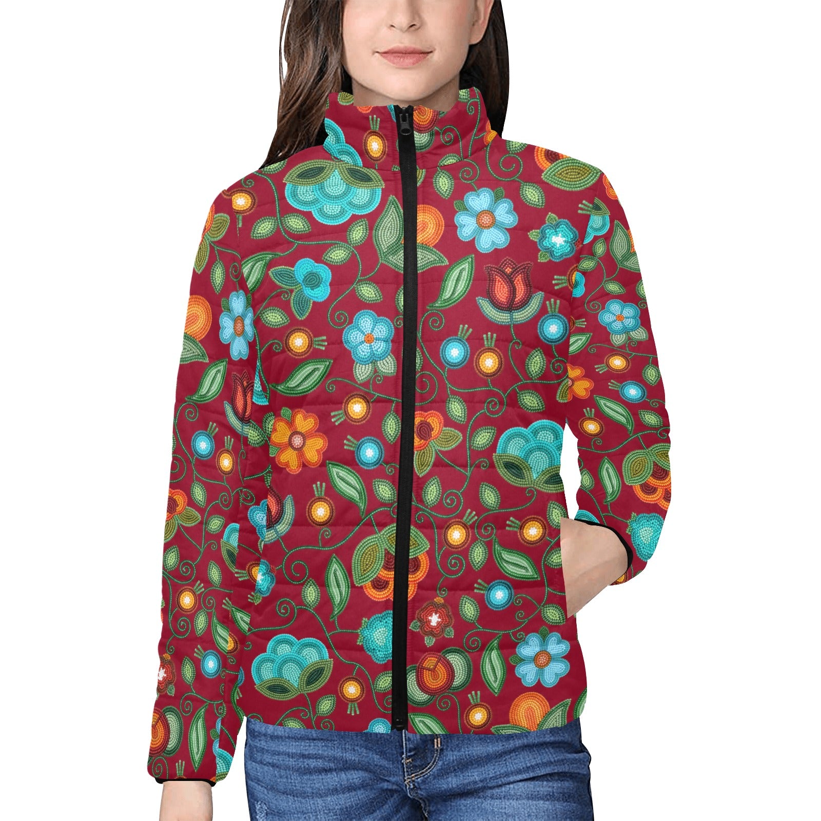 Prairie Fire Petals Red Women's Stand Collar Padded Jacket
