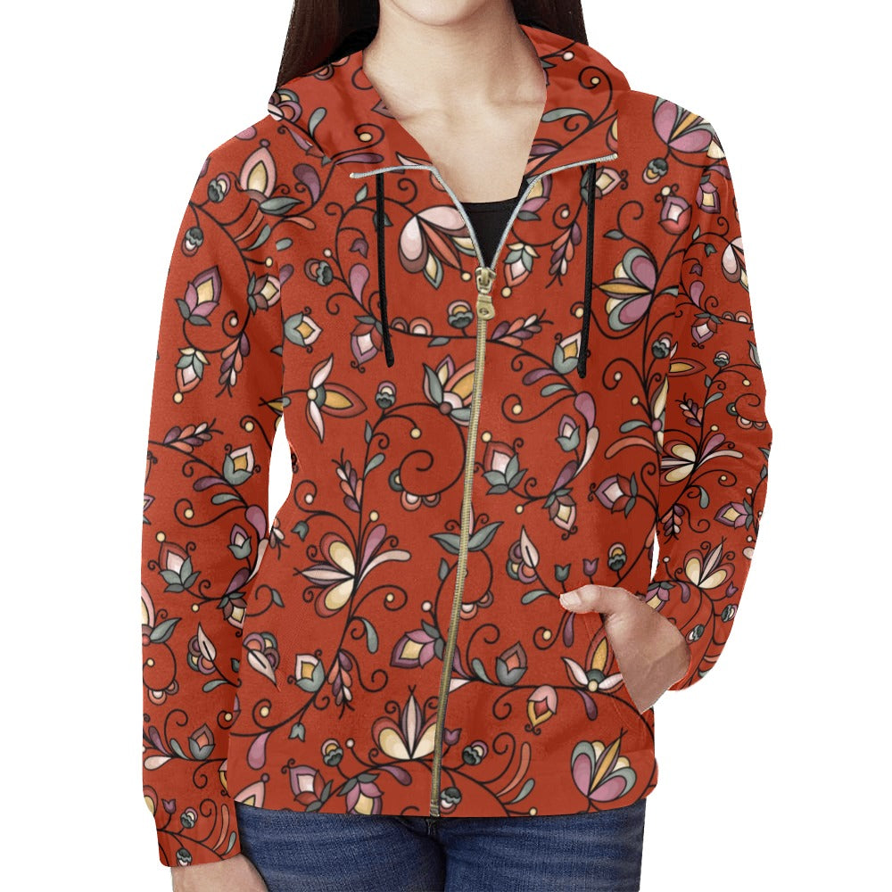 Burnt Sky Petals Red Full Zip Hoodie for Women