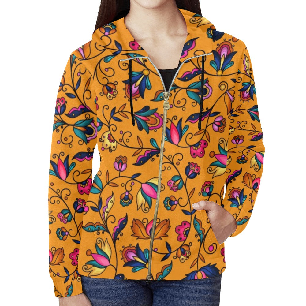 Copper Prairie Petals Orange Full Zip Hoodie for Women