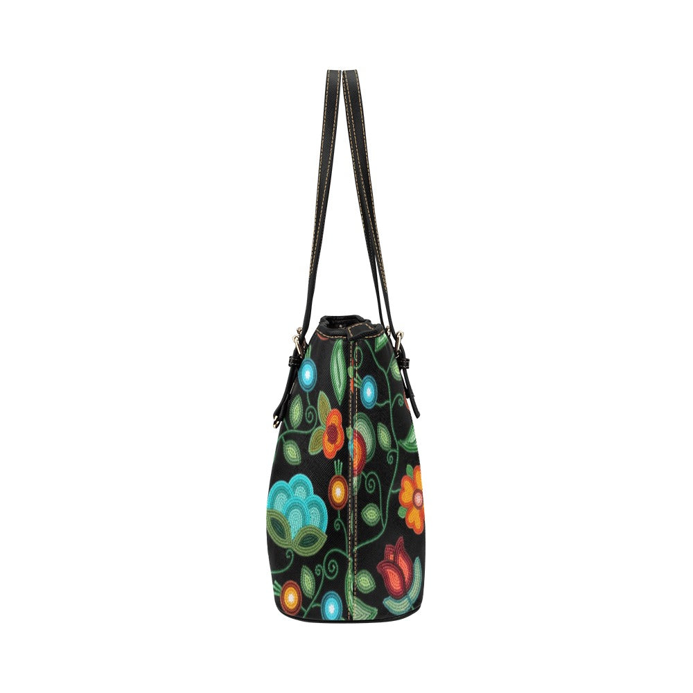 Prairie Fire Petals Black Leather Tote Bag/Large