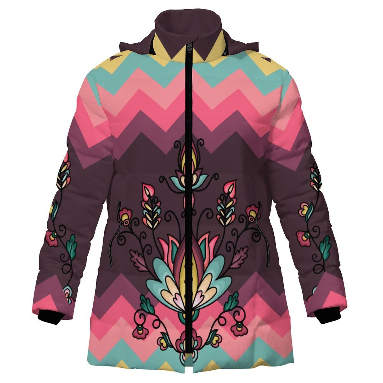 Gold Harvest Bloom Women's Hooded Puffer Coat