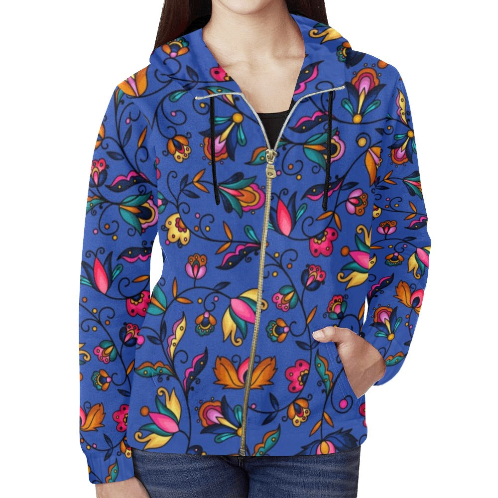 Copper Prairie Petals Blue Full Zip Hoodie for Women
