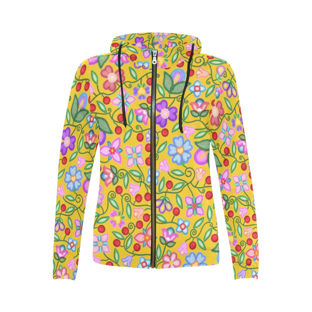 Petal Harmony Ochre Full Zip Hoodie for Women