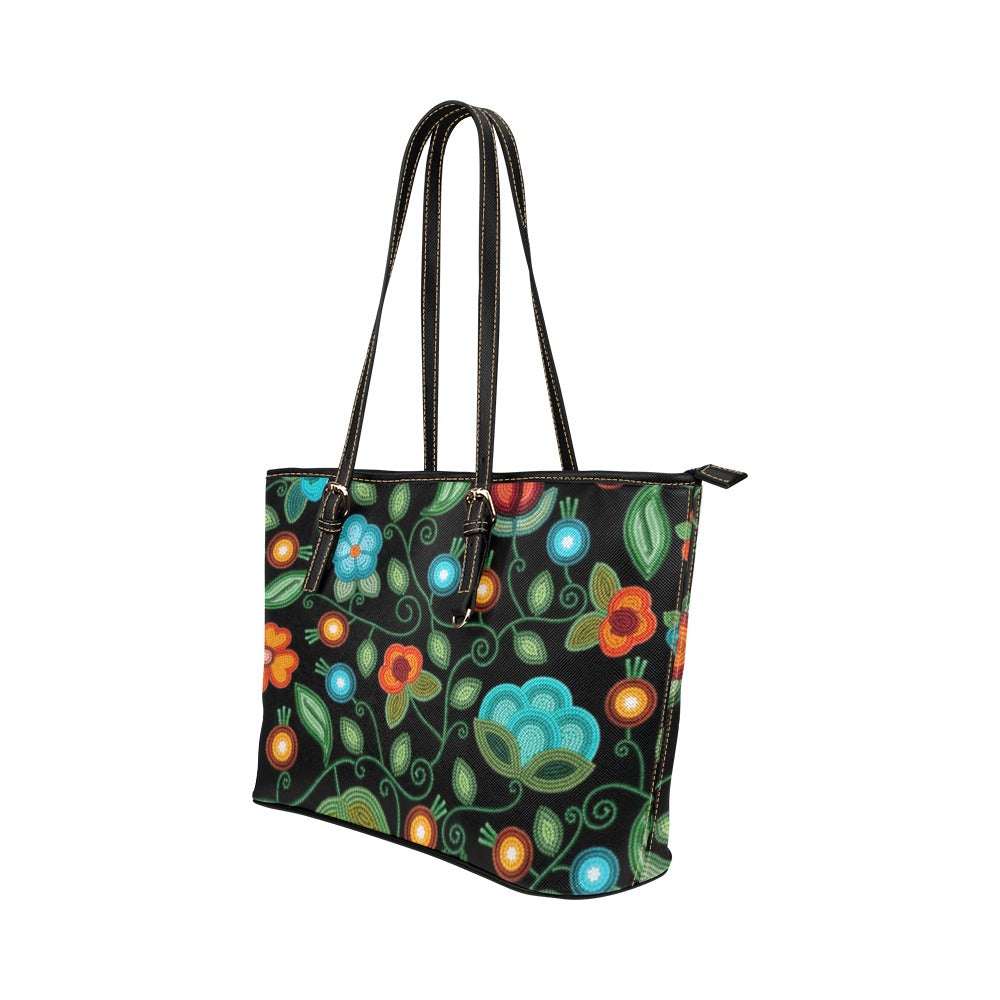 Prairie Fire Petals Black Leather Tote Bag/Large