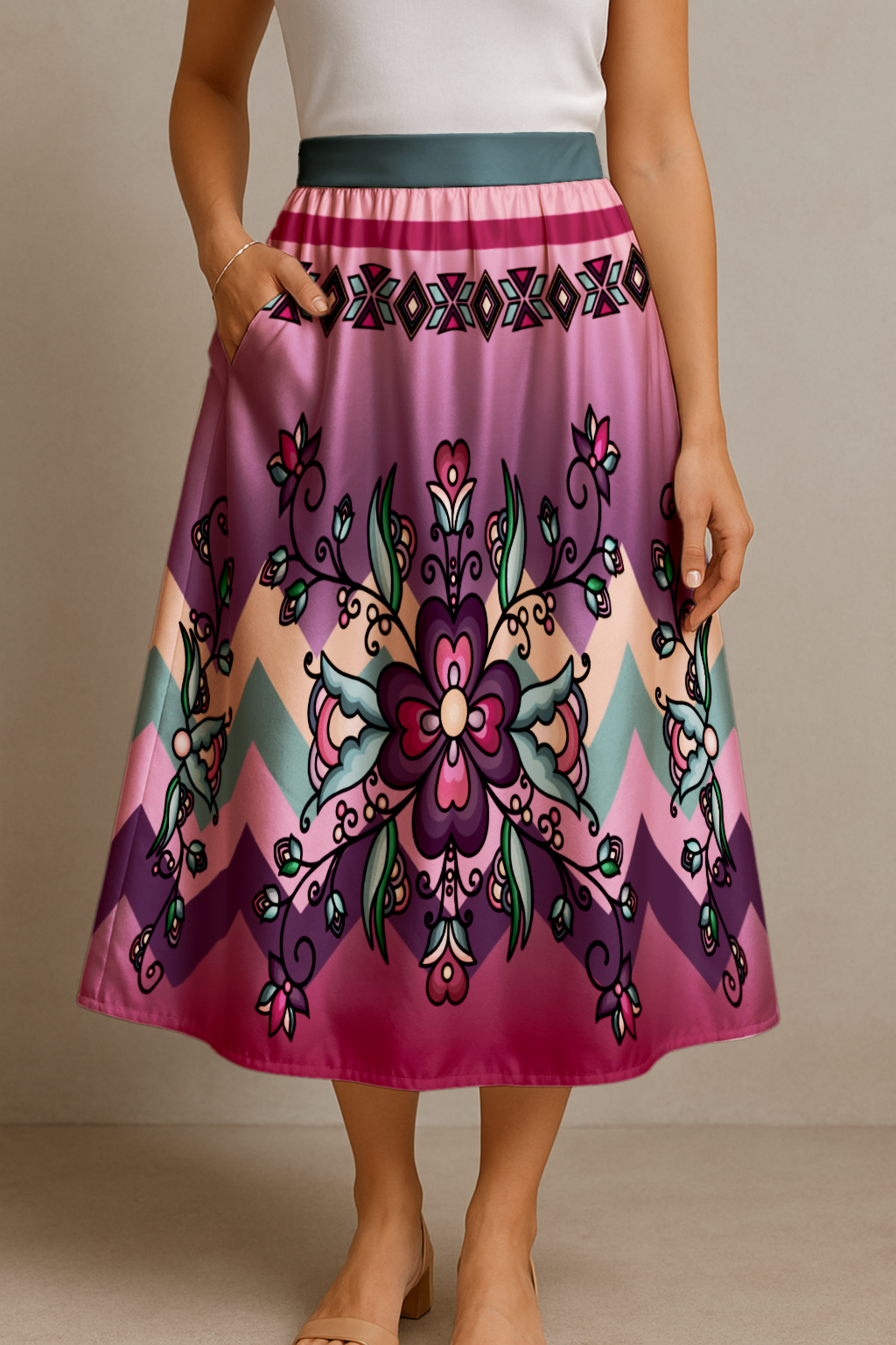 Amber Evening Garland Elastic Waist Pocket Midi Skirt