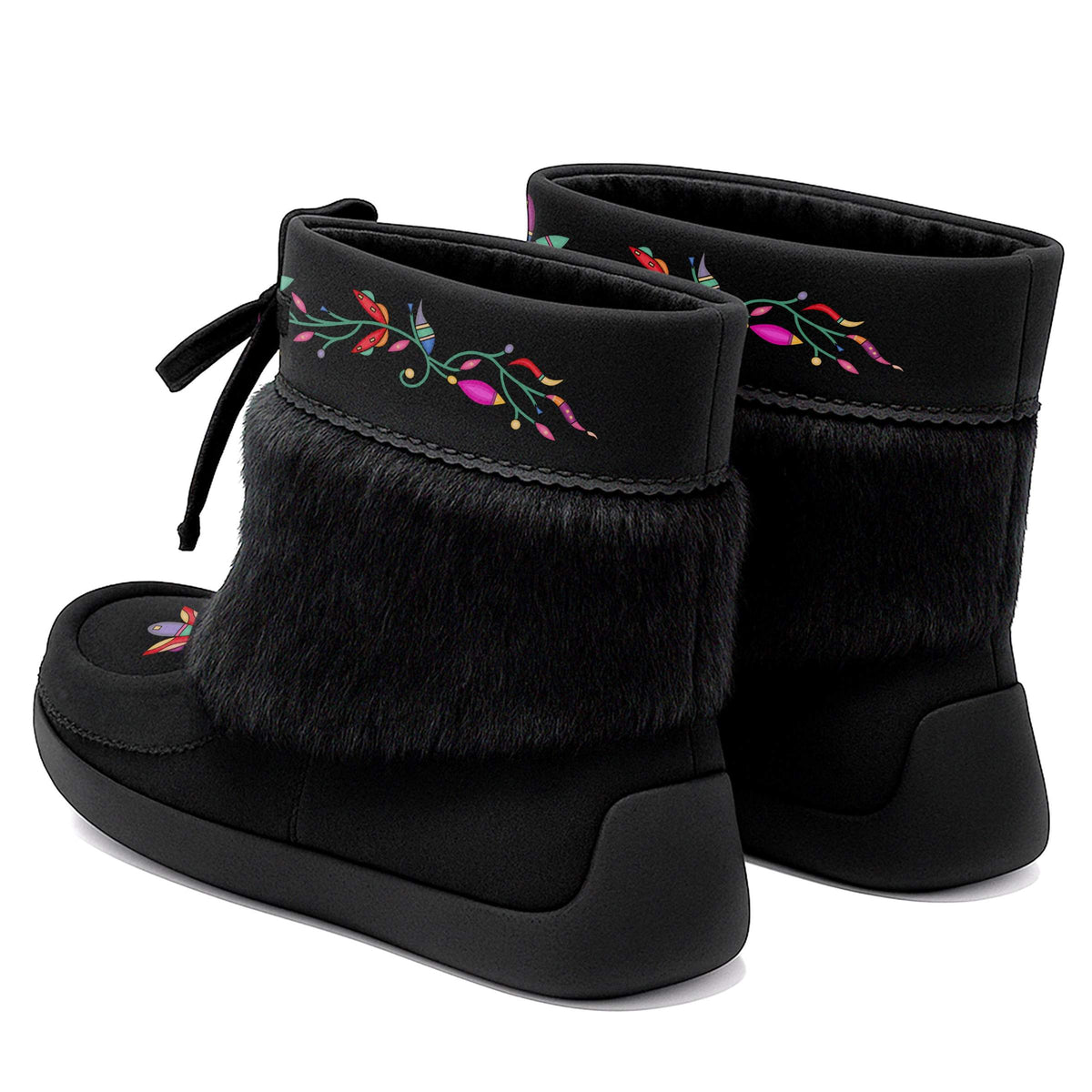 Ancestral Embers Black Leather MocLux Ankle with Black Fur, back view of a pair with a cuff printed with a colorful flower and leaf vine