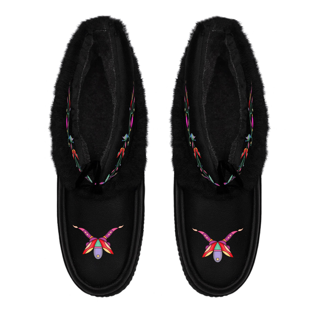 Ancestral Embers Black Leather MocLux Ankle with Black Fur from above, sherpa lining, black ties and printed toe design
