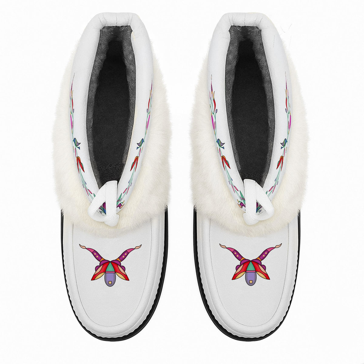 Ancestral Embers white ankle MocLux (white fur) from above, showing the plush lining and printed toes