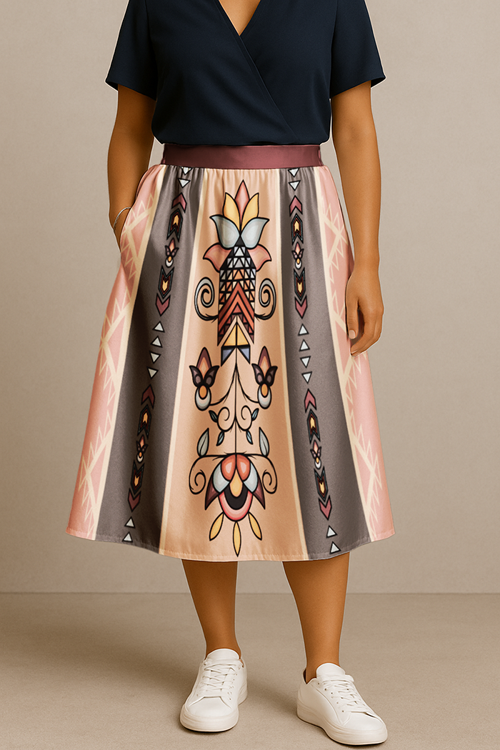 Arrow Blossom Path Earthy Elastic Waist Pocket Midi Skirt