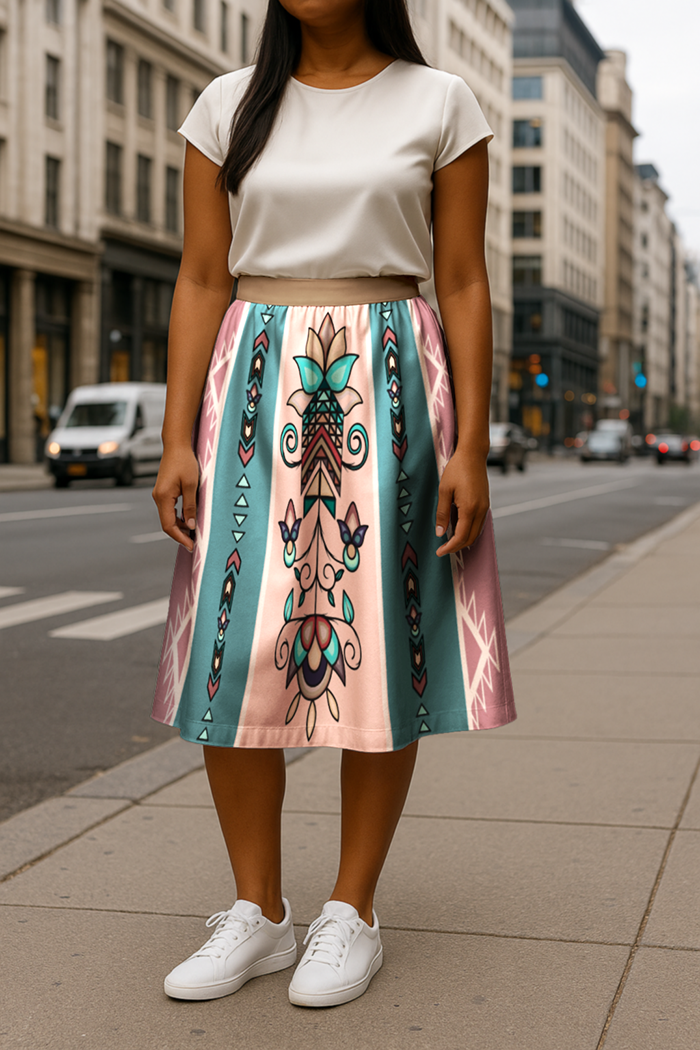 Arrow Blossom Path Pastel Elastic Waist Pocket Midi Skirt