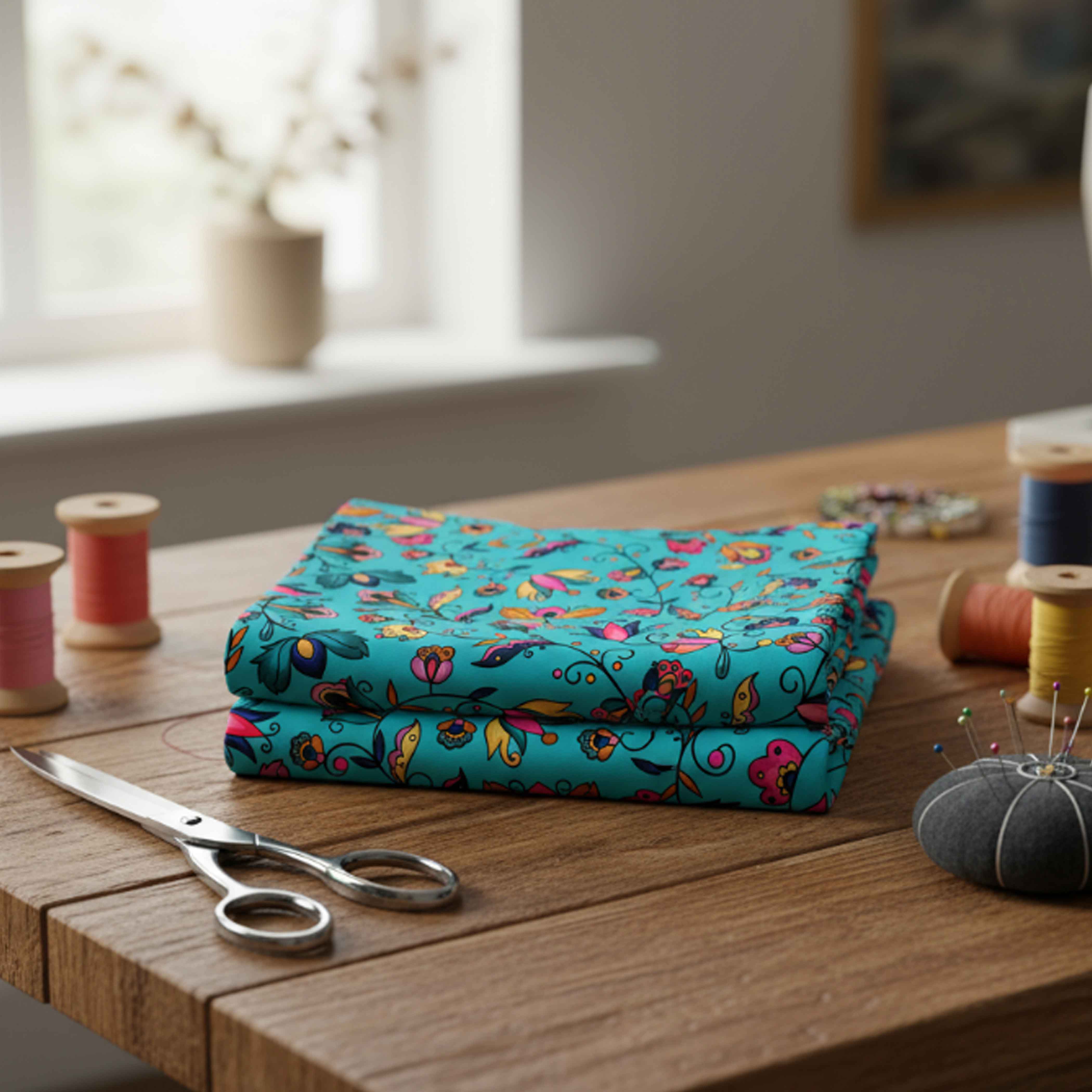 Copper Prairie Petals Turquoise Satin Fabric By the Yard Pre Order