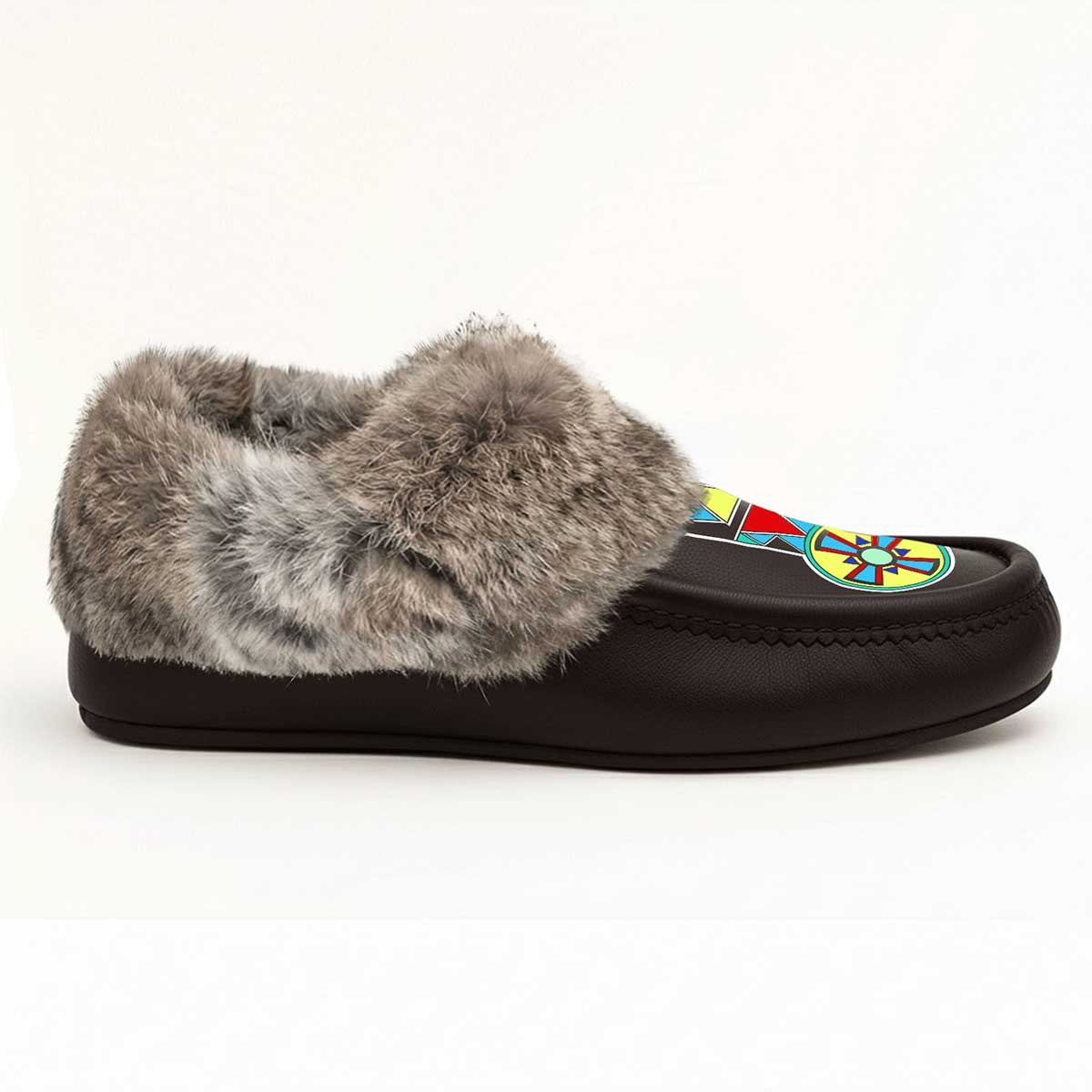 Firewheel Emblem Brown Leather Mottled Fur Moccasin