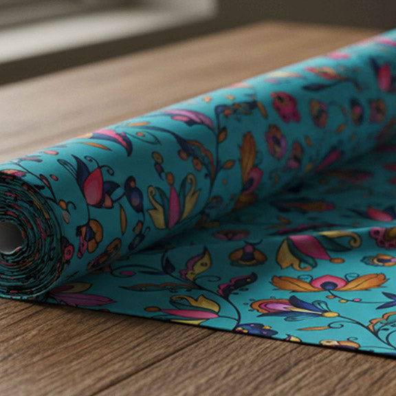 Copper Prairie Petals Turquoise Satin Fabric By the Yard Pre Order