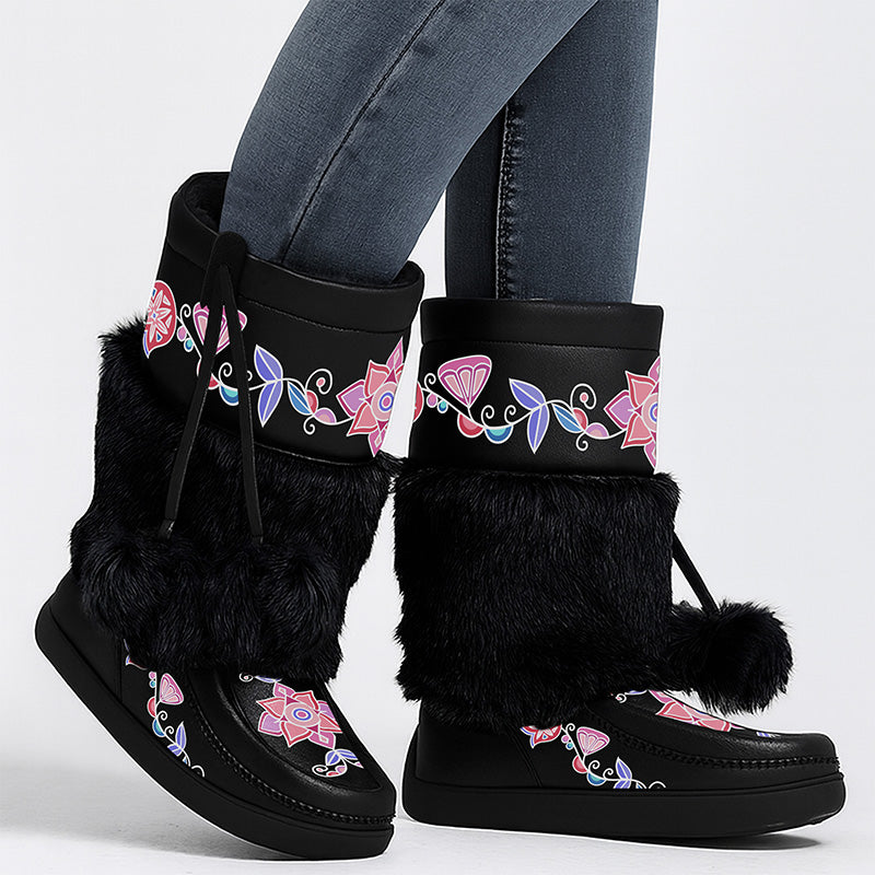 Frost Flower Circle Real Black Leather MocLux Calf with Fur