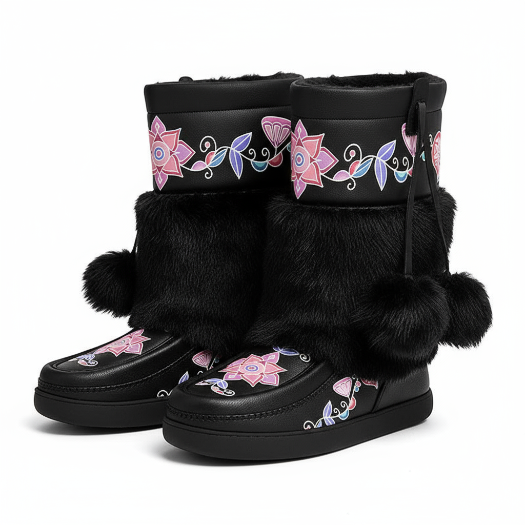 Frost Flower Circle Real Black Leather MocLux Calf with Fur