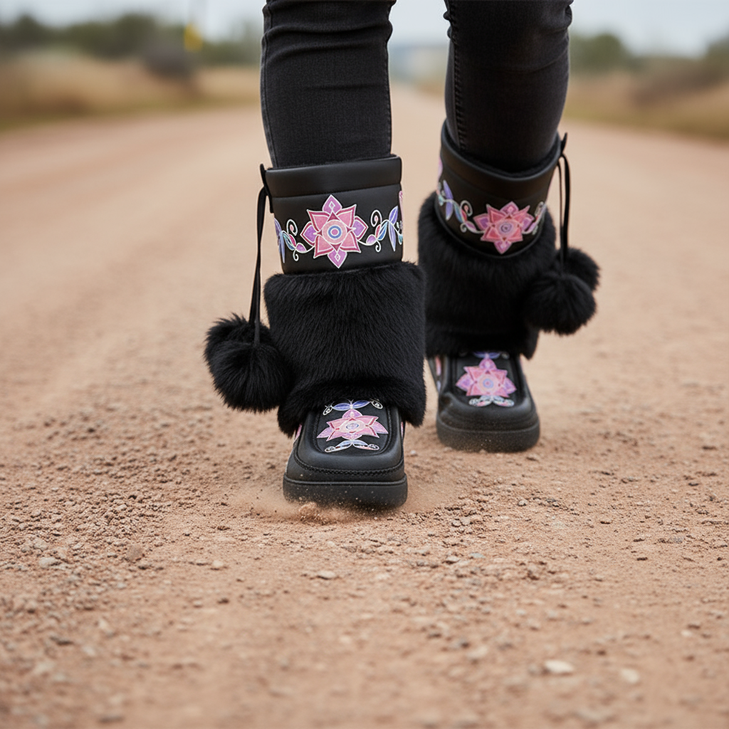 Frost Flower Circle Real Black Leather MocLux Calf with Fur