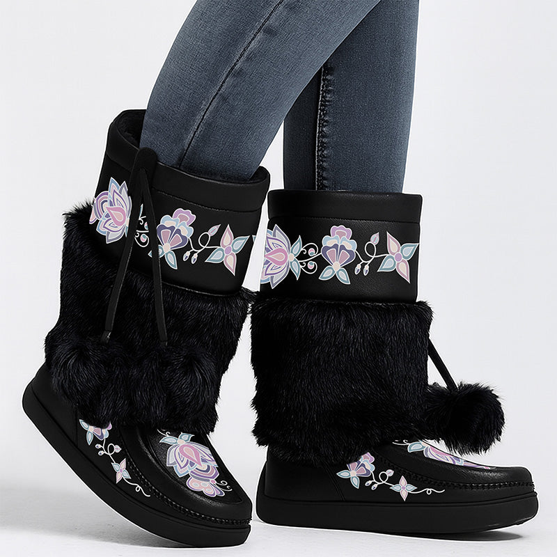 Snow Petal Spirit Real Black Leather MocLux Calf with Fur