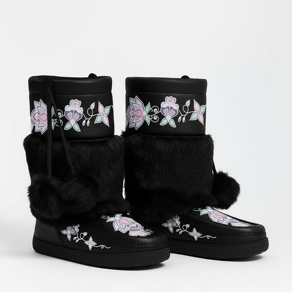 Snow Petal Spirit Real Black Leather MocLux Calf with Fur