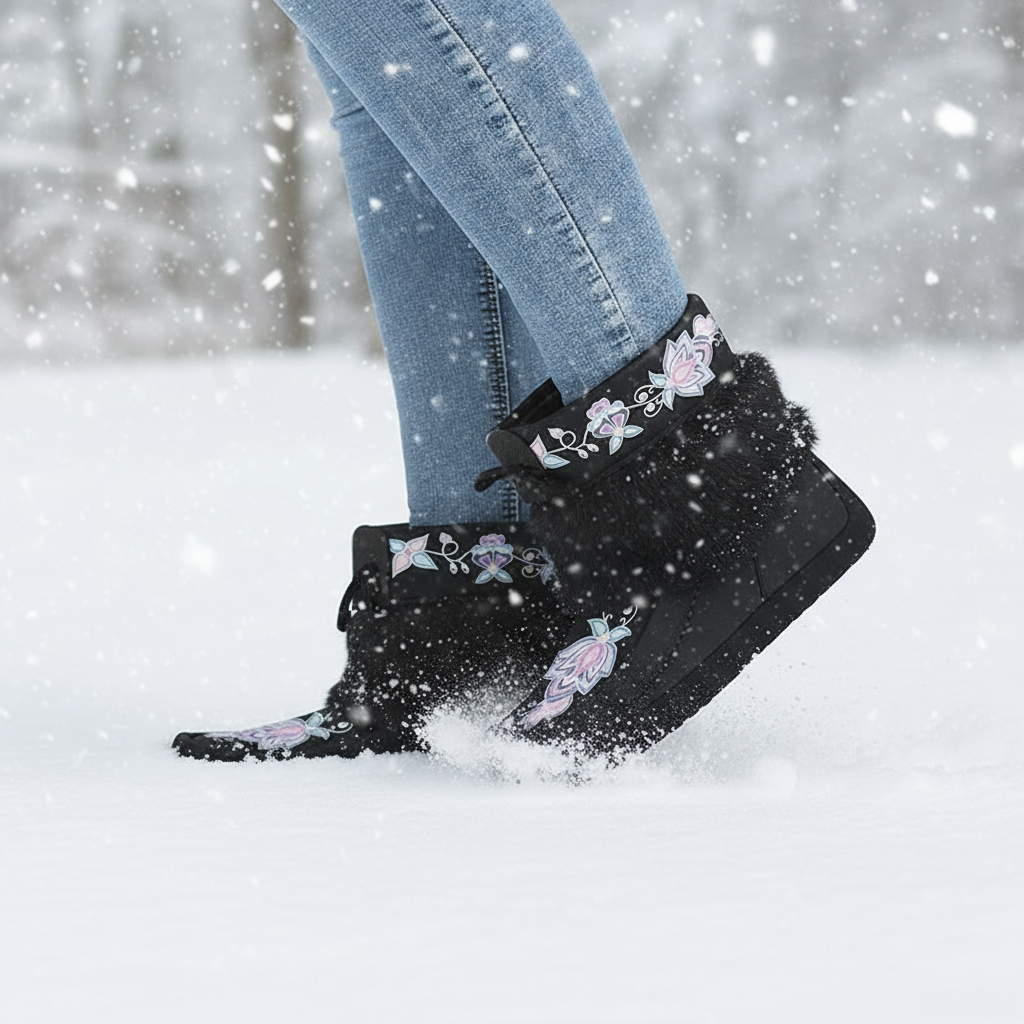 Snow Petal Spirit Black Leather MocLux Ankle with Fur