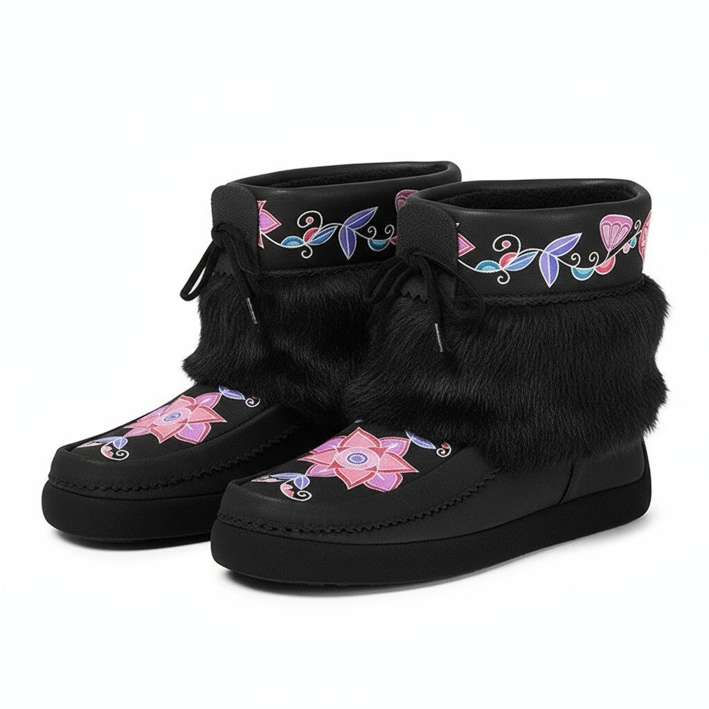 Frost Flower Circle Black Leather MocLux Ankle with Fur