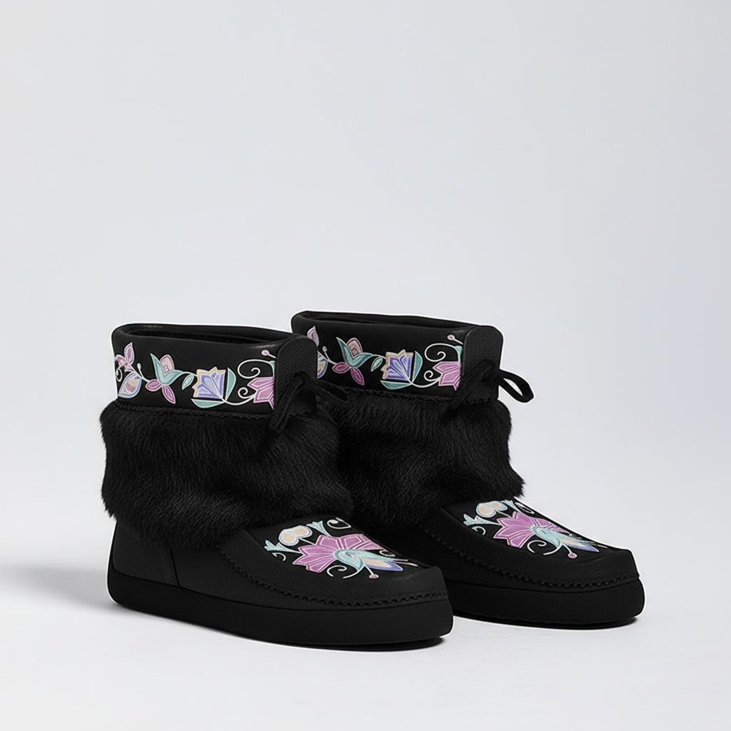 Moonlit Frost Black Leather MocLux Ankle with Fur