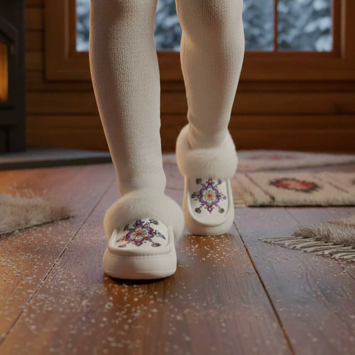 Aurora Petal Glow White Leather White Fur Moccasin