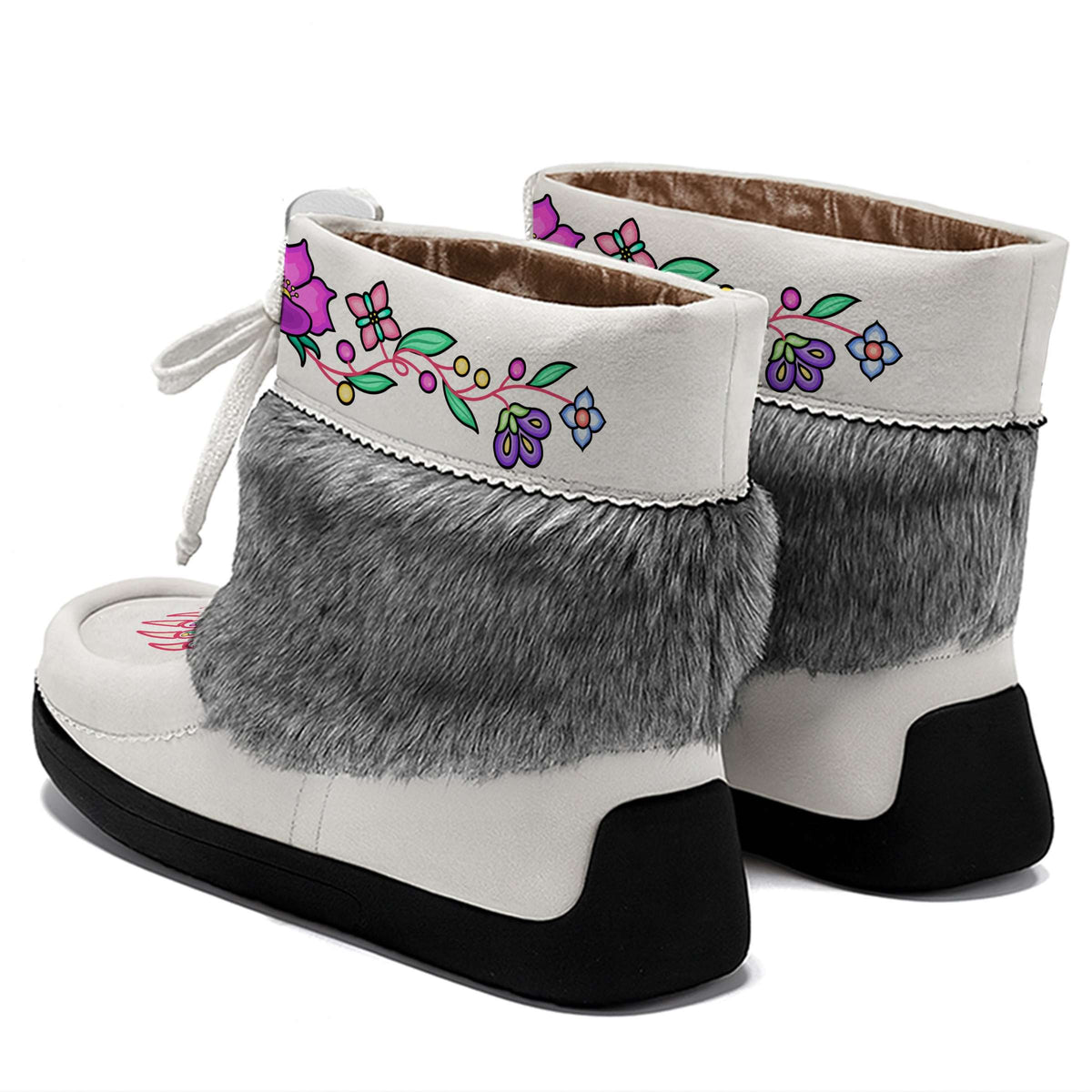 Bear Floral White Leather MocLux Ankle with Grey Fur, back view of a pair with a cuff printed with a vine of purple and pink flowers and leaves