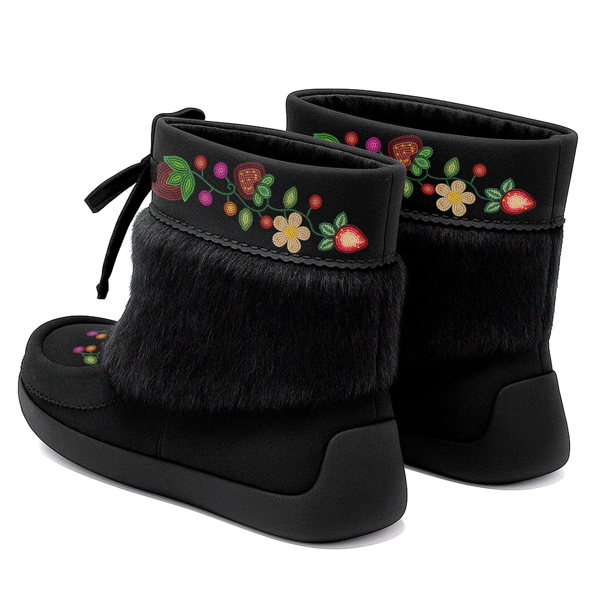 Berry Garden Black Leather MocLux Ankle with Black Fur, back view of a pair with a cuff printed with beadwork-style strawberries and flowers